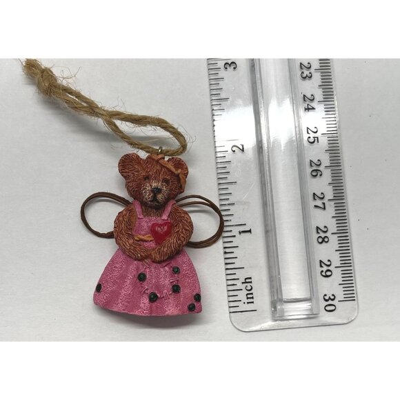 Teddy Bear Angel Mini Christmas Tree Ornament Pink Polka Dot Dress Rustic - Picture 3 of 6